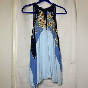 Free People Blue & Black w White Floral Sleeveless Tank Top with Tie Back Size S
